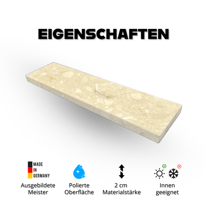 Naturstein-Fensterbank auf Maß aus Agglo Botticino in beige, geeignet für Innen. Hochwertige Maßanfertigung aus Bonn. Pung Steinwerk - Online bestellen