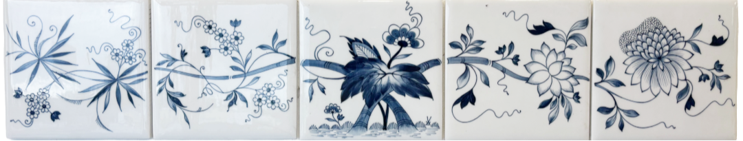 Handbemalte Meissen Porzellanfliese 15 x 15 cm - Altes Zwiebelmuster 5 er Set waagerecht