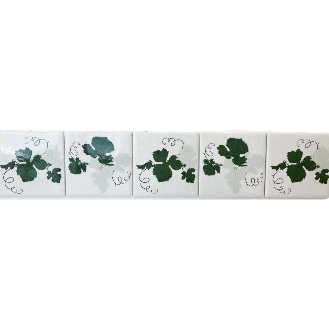 Handbemalte Meissen Porzellanfliese 15 x 15 cm - Weinlaub 5 er Set waagerecht
