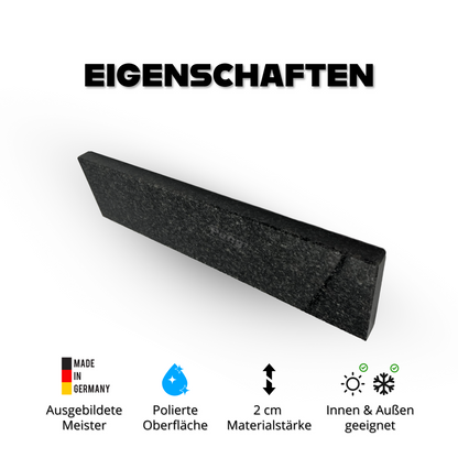 Maßgefertigter Treppen-Stoßtritt Impala aus Naturstein, poliert, 2 cm stark, in anthrazit, braun und grau gesprenkelt. Langlebig und pflegeleicht, ideal für Außentreppen, gefertigt bei Pung Steinwerk in Bonn. Online bestellen!