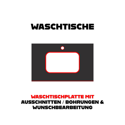 Maßgefertigte Waschtischplatte aus Naturstein mit individuellen Ausschnitten, Bohrungen und Wunschbearbeitung, gefertigt bei Pung Steinwerk in Bonn.