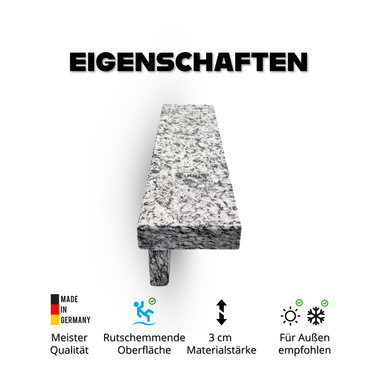 Maßgefertigter Treppen-Auftritt aus Serizzo Naturstein, geflammt, 3 cm stark, in weiß, schwarz und hellgrau gesprenkelt (Salz-Pfeffer-Optik), rutschhemmend und langlebig. Ideal für Außentreppen, gefertigt in Bonn von ausgebildeten Meistern, Zuschnitt auf Wunschmaß mit Vorderkante im Preis inklusive. Pung Natursteine