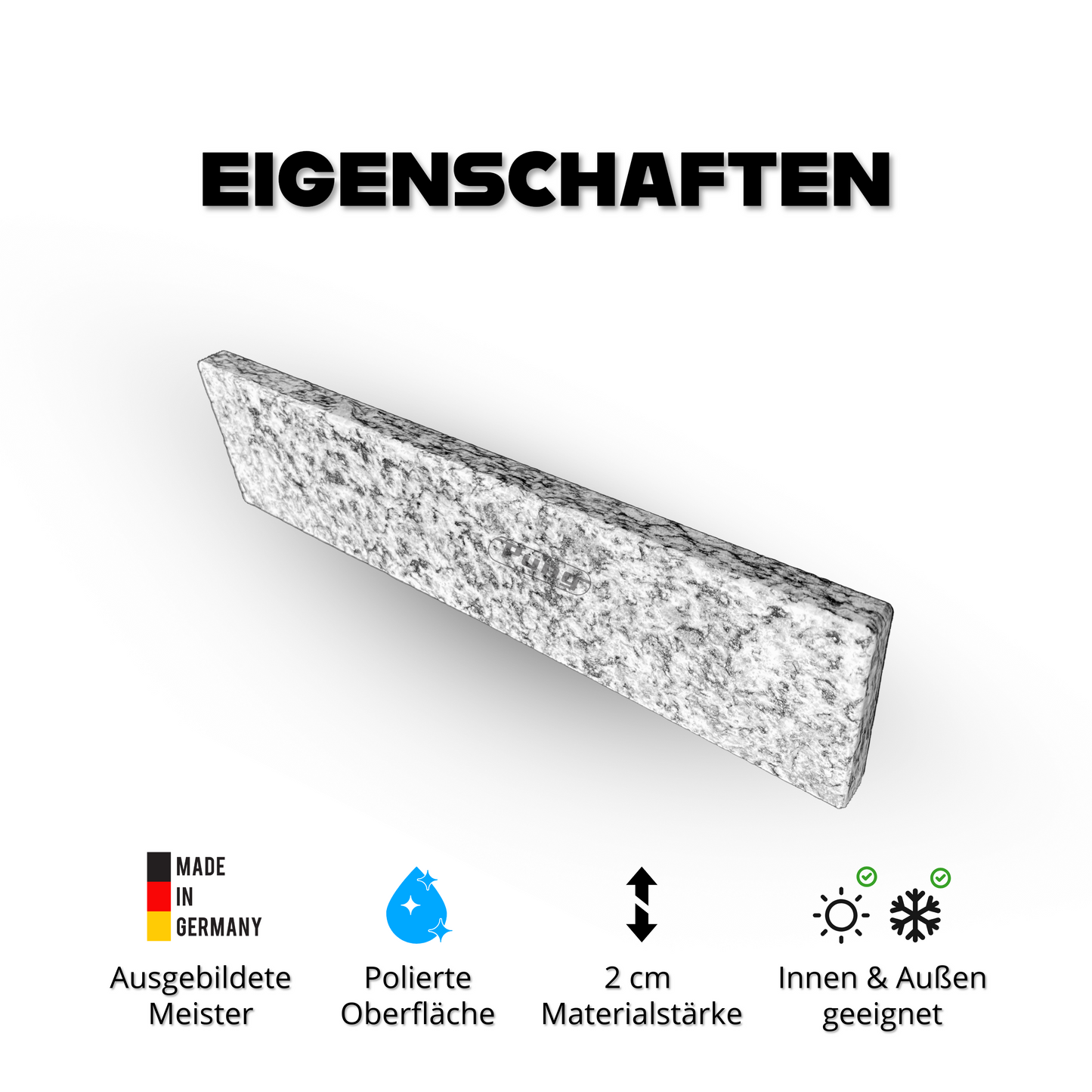 Maßgefertigter Treppen-Stoßtritt Serizzo aus Naturstein, poliert, 2 cm stark, in hellgrau, weiß und schwarz gesprenkelt. Pflegeleicht und langlebig, ideal für Außentreppen, gefertigt bei Pung Steinwerk in Bonn. Fliesen & Natursteine